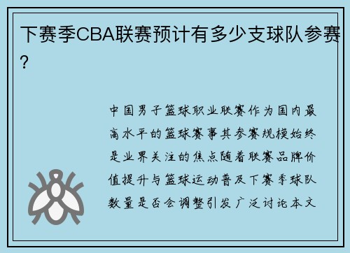 下赛季CBA联赛预计有多少支球队参赛？