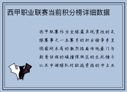 西甲职业联赛当前积分榜详细数据