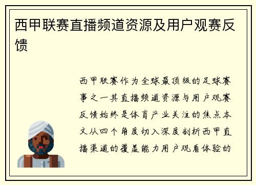西甲联赛直播频道资源及用户观赛反馈
